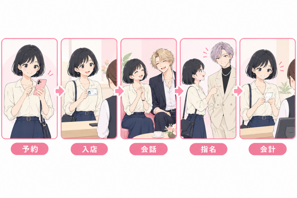 一人で行く初回の流れ（予約、入店と年齢確認、ホストとの会話、指名、会計）