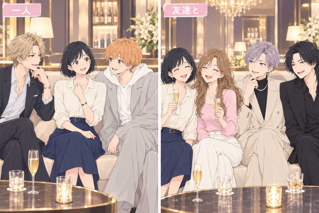 ホストクラブに一人で行く場合と友達と行く場合の違いのイラスト