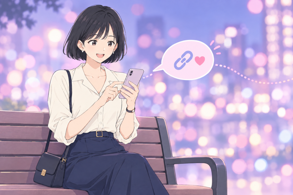 スマホで友達に紹介URLを送る女性のイラスト