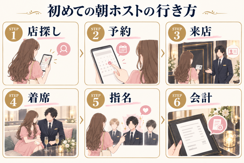 初めての朝ホストの行き方の流れ｜店探し・予約・来店・着席・指名・会計のフロー図
