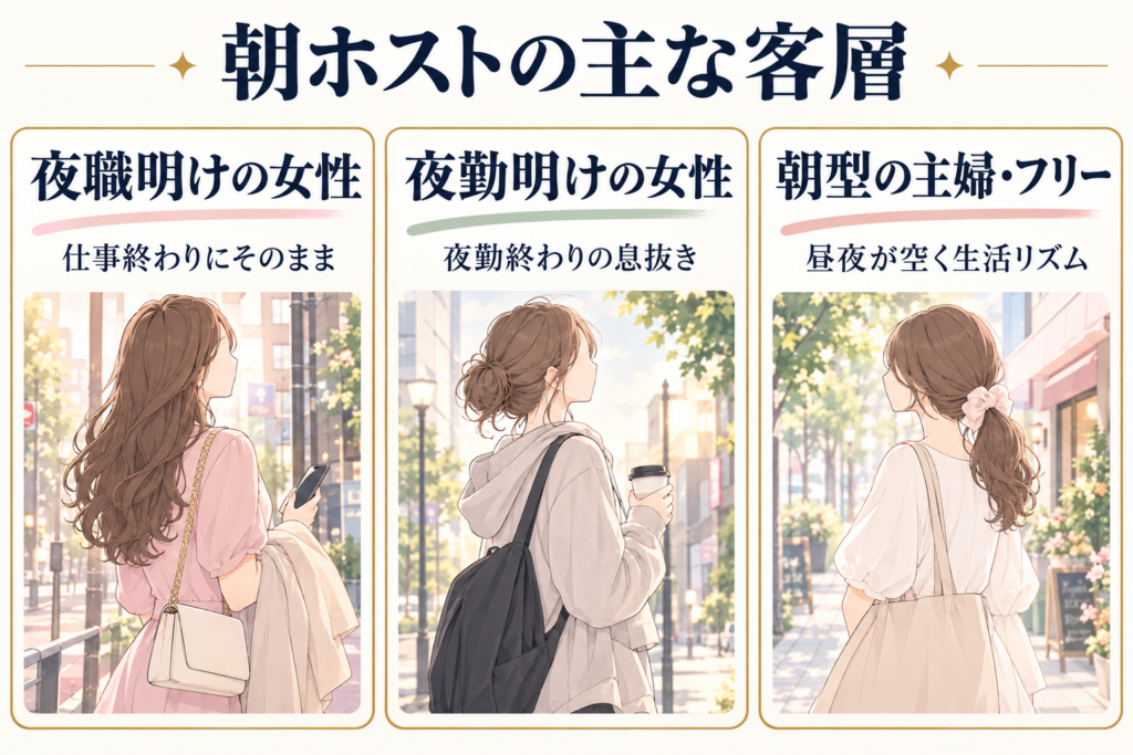 朝ホストの主な客層｜夜職明けの女性・夜勤明けの女性・朝型の主婦・フリーのカード図