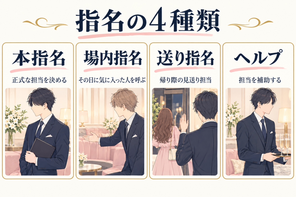指名の4種類｜本指名・場内指名・送り指名・ヘルプのカード図