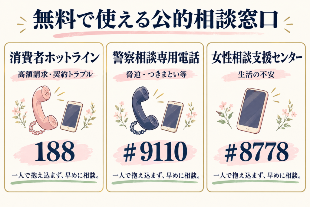 無料で使える公的相談窓口｜消費者ホットライン188・警察相談専用電話♯9110・女性相談支援センター♯8778のカード図