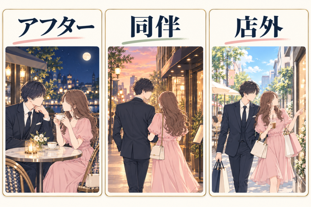 アフター・同伴・店外の違い|3つの言葉のカード図