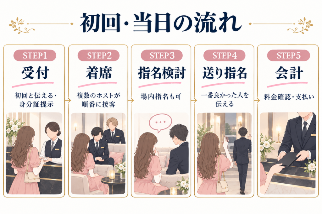 初回・当日の流れ｜受付・着席・指名検討・送り指名・会計の5ステップのフロー図