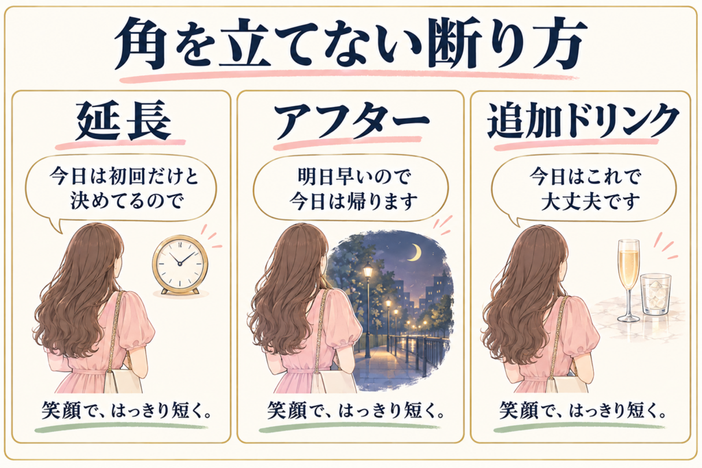 角を立てない断り方｜延長・アフター・追加ドリンクのカード図