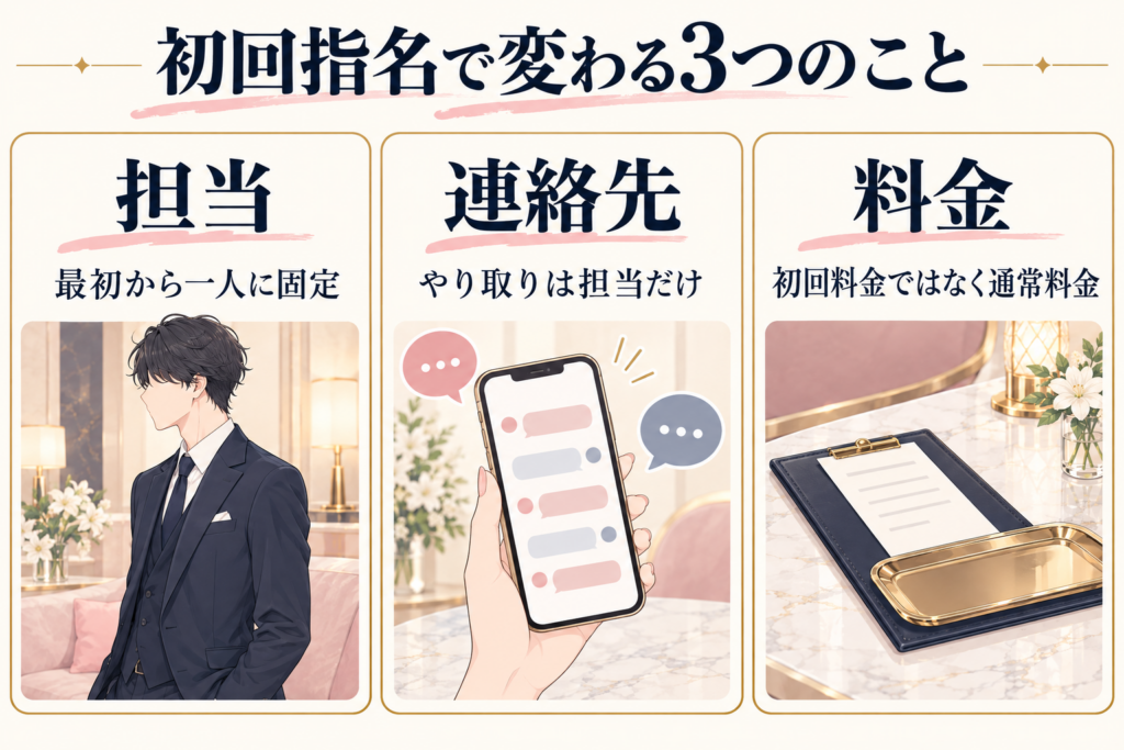 初回指名で変わる3つのこと｜担当・連絡先・料金のカード図